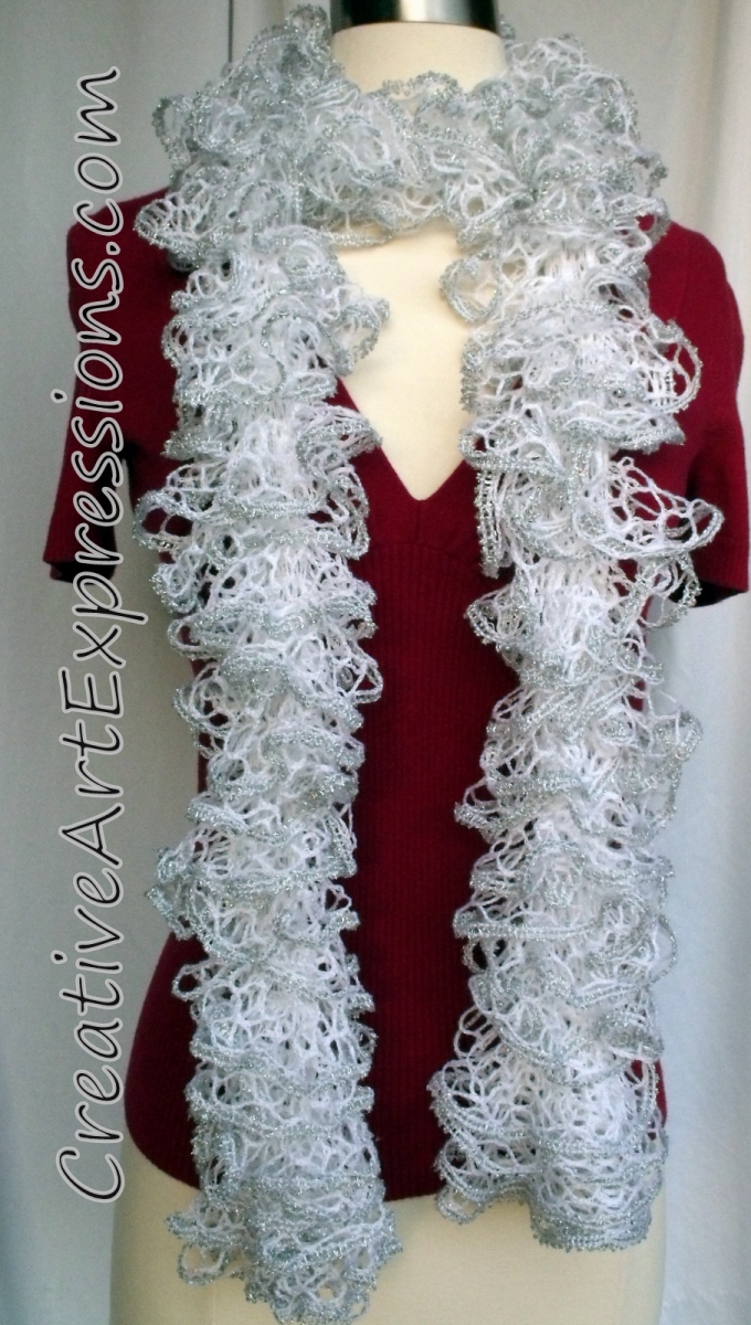 Creative Art Expressions Hand Knit White & Silver Ruffle Scarf